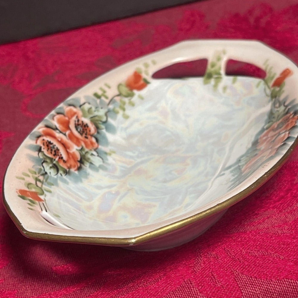 Vintage D & B Lusterware Small Oval Dish Hand Painted Germany Signed Brunner